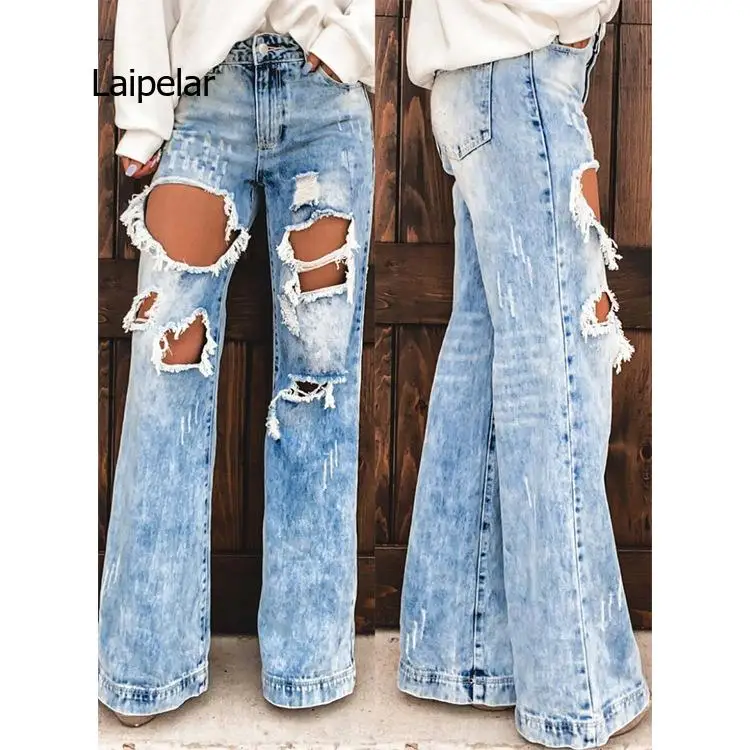 

Women's Jeans with Holes Ripped High Wasit Jeans Trousers Summer Fashion Female Denim Wide Leg Pants