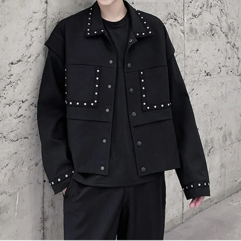 Veste fine à Rivets pour hommes, style Hip-Hop, col rabattu, décoration en métal, manteau de rue Punk, simple boutonnage, vêtements d'extérieur amples, printemps