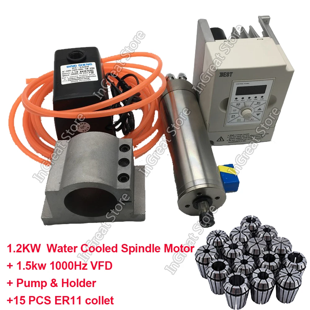 

1.2KW Water Cooled Spindle Motor 24000rpm /36000rpm / 60000rpm 220V + 1.5kw 1000Hz VFD + Pump+ Holder +15pcs ER11 collet Kits