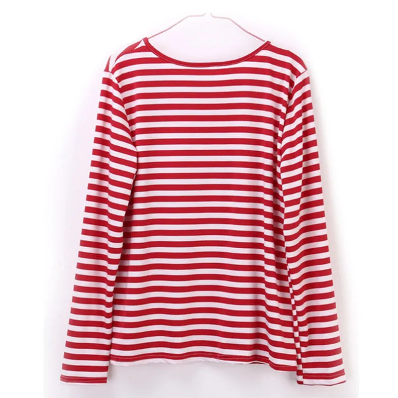 Retro Red White Striped T-Shirt For Women Summer Autumn Long Sleeve Basic Tee Women Casual T shirt Women
