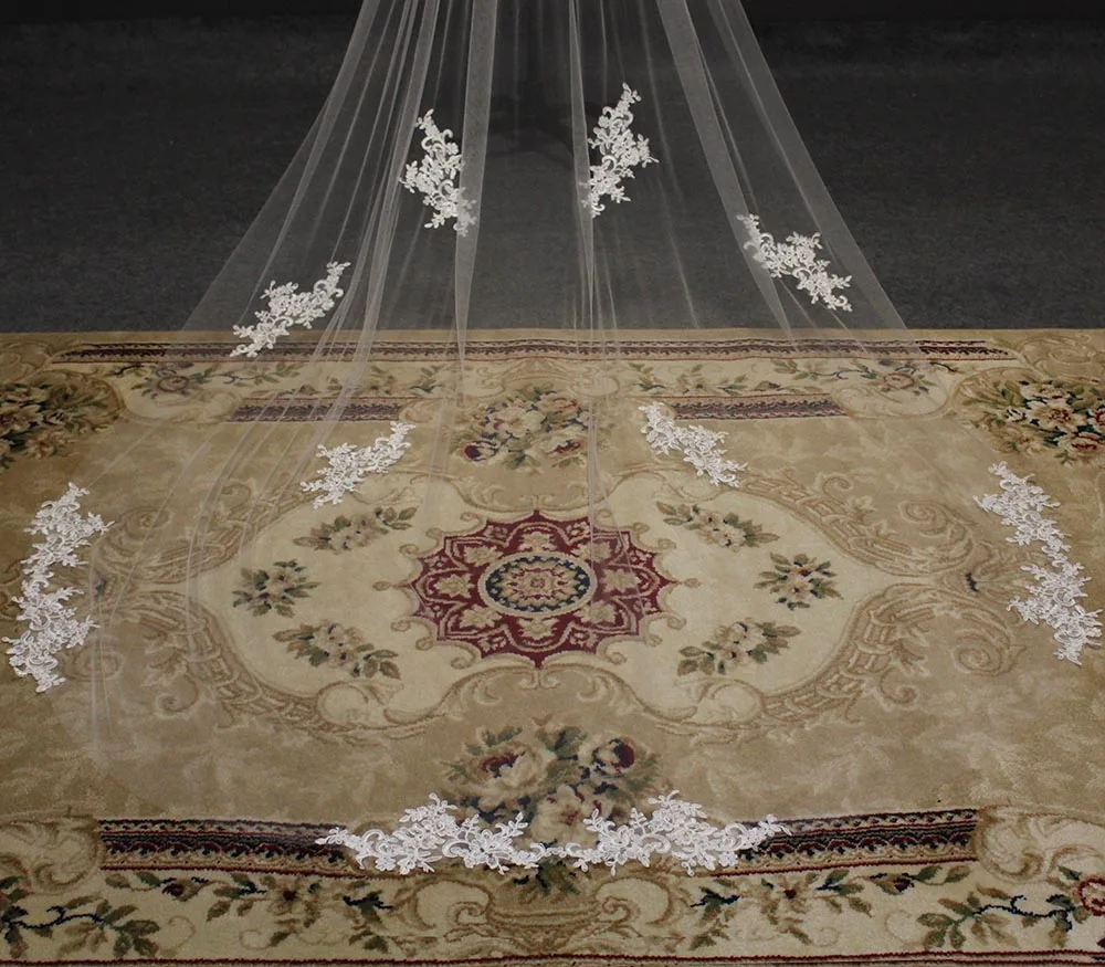 Voile de mariée Long élégant avec Appliques en dentelle, blanc ivoire, Tulle doux, 3 mètres, avec peigne, accessoires de mariage