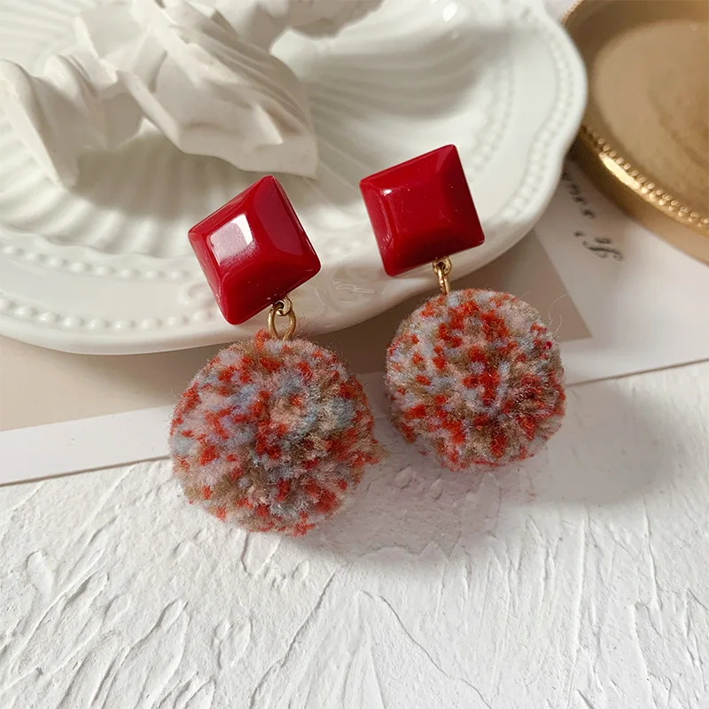 Creative Red Coral Square Fur Ball Stud Christmas Earrings Fashion Pendant Earrings for Women Jewelry Girl Party Gift