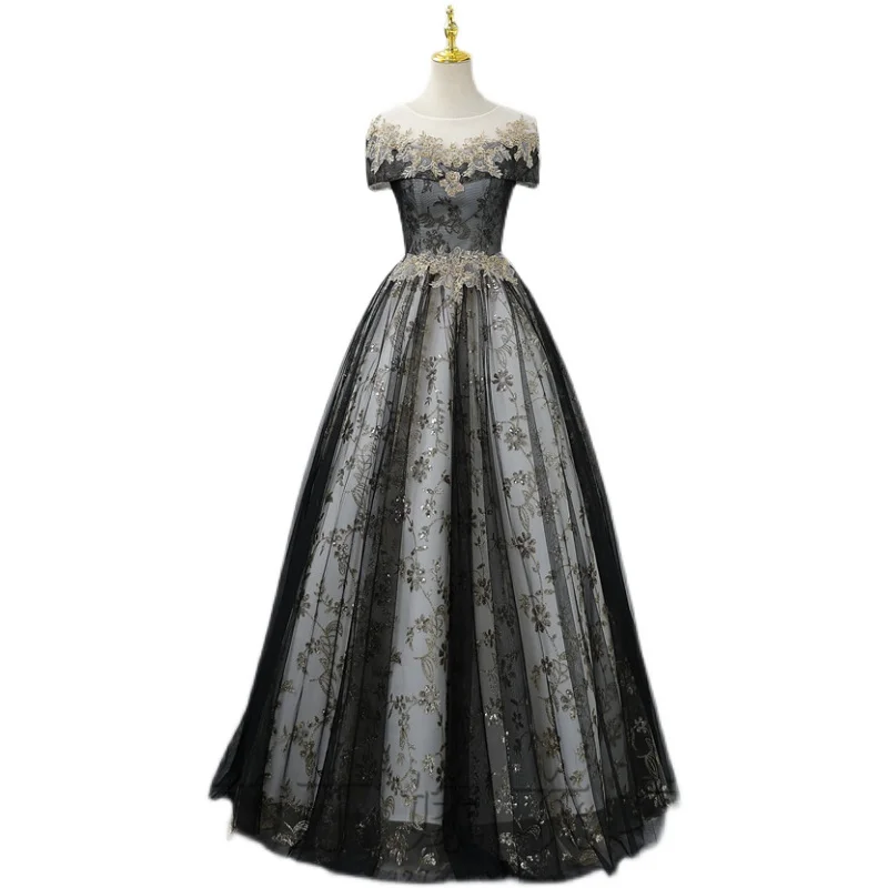 black glitter Quinceanera ball gown long dress vintage medieval Renaissance princess Victoria/party