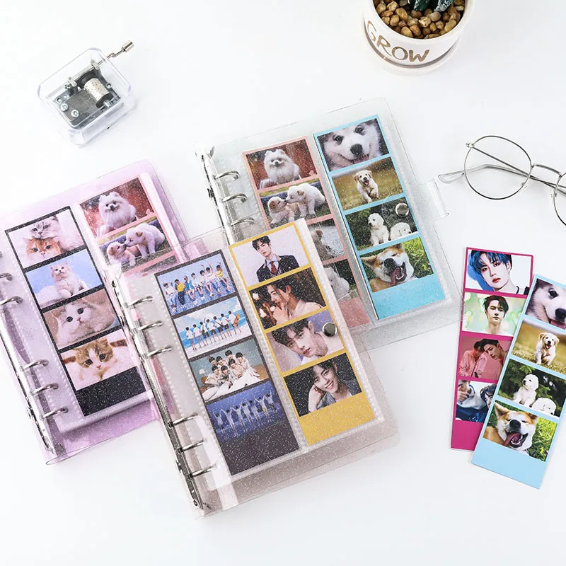 

SKYSONIC 4 Cute Album Binder Glitter Postcards Organizer 25pcs PP Sleeves Stamps Storage Holder Kpop Album Supplies