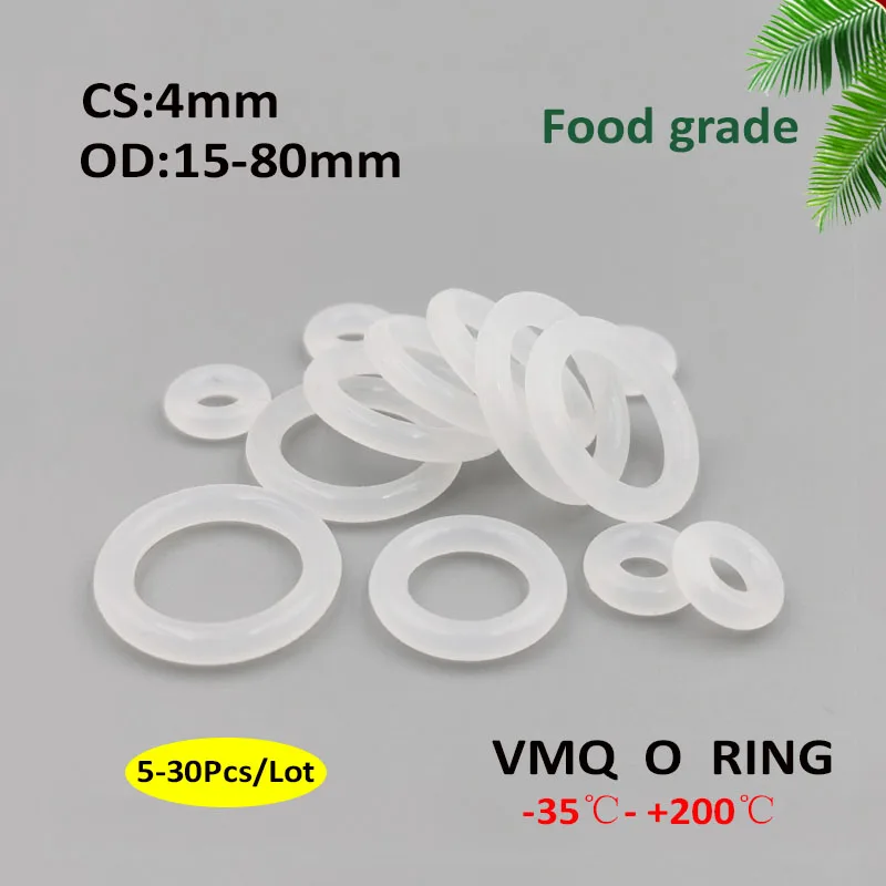 5~30Pcs CS 4mm OD 15~80mm VMQ White Silicone O Ring Seals Gasket Food Grade Rubber Sealing Ring Waterproof Washer