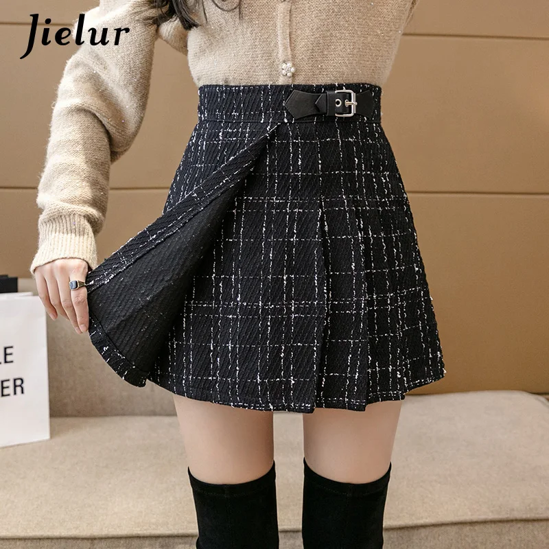 Jielur-女性のためのレトロなプリーツスカート,黒,ハイウエスト,不規則,オフィス用,秋冬コレクション,S-XL