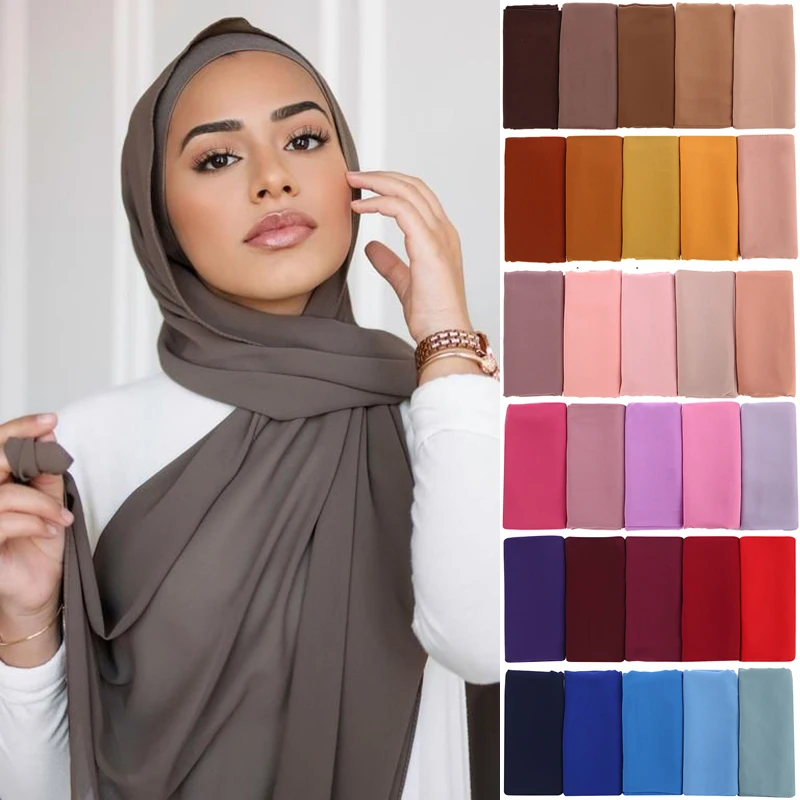 Foulard en mousseline de soie de couleur unie, bandeau Hijab pour femmes, couvre-chef islamique pour femmes, Jersey musulman, foulards pour cheveux