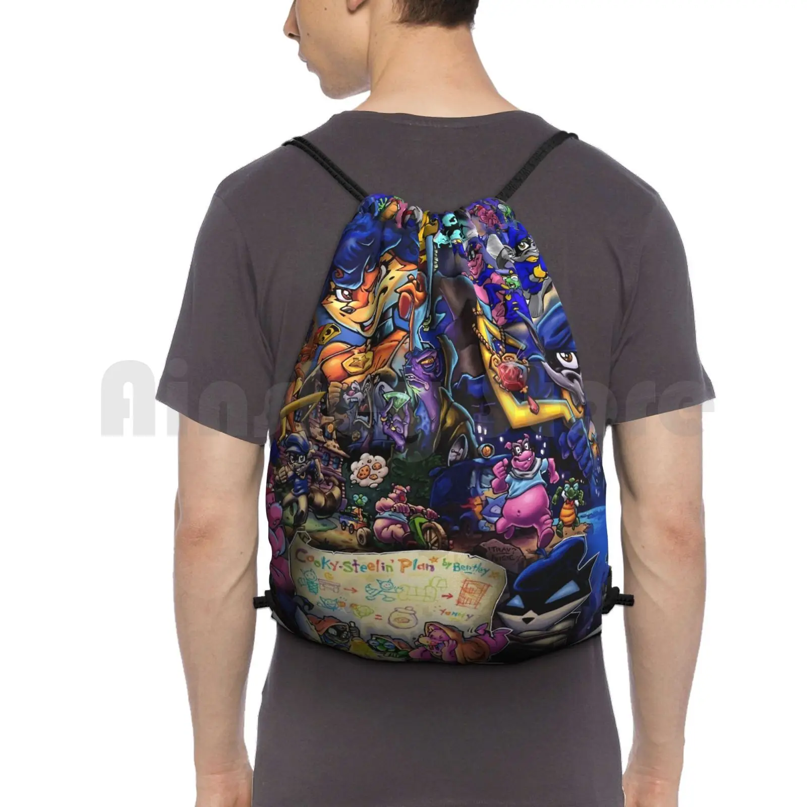 Comic Collage Sly Cooper Backpack Drawstring Bags Gym Bag Waterproof Slycooper Sly Cooper Raccoon Fox Turtle Hippo Comic