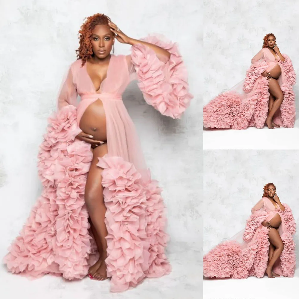 

Fashion Pregnant Sleepwear Pink Women Evening Dress Sexy Photograph Robes Tiered Ruffles Gown Bathrobe Sleep Nightdress