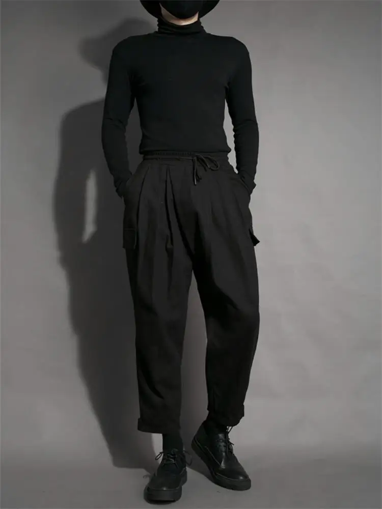Men's new hairstylist style dark tide brand asymmetric folding pants long pants adjustable taper loose casual cropped pants