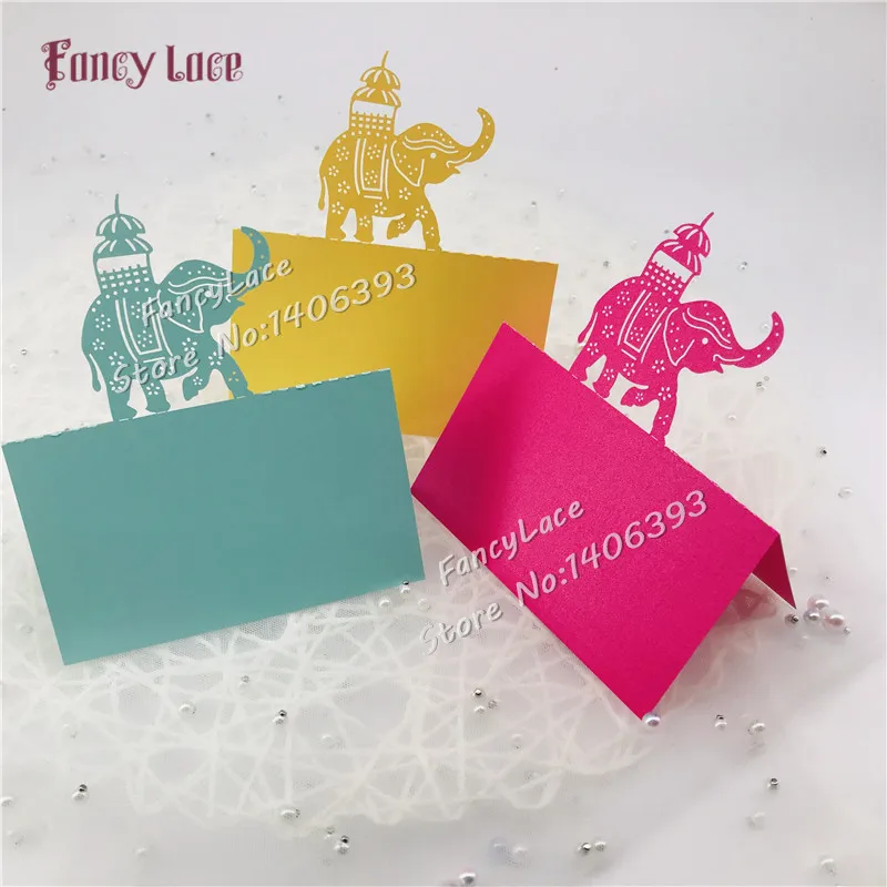 

50 Pcs/set Wedding Laser Cut Party Favor Decor Place Cards pearl paper Hollow Out Elephant Design Birthday Table Name 24 Colors