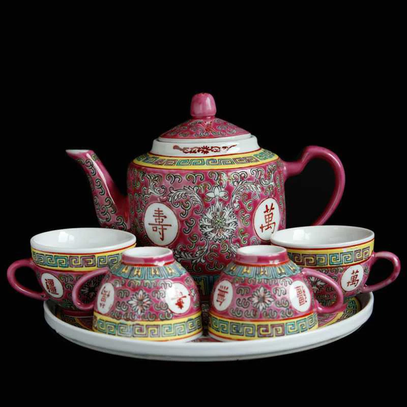 

Jingdezhen Cultural Revolution Porcelain Old Factory Goods Ceramic Pastel Hand-painted Longevity Tea Set Overglaze Color Ceramic