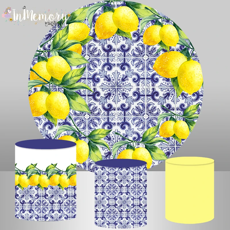 Spanish Porcelain Pattern Lemon Circle Round Background Banner Birthday Party Backdrops Baby Shower Cylinder Covers