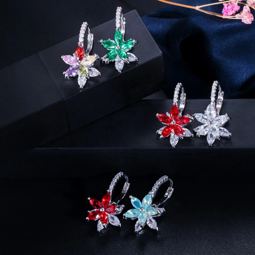 ThreeGraces Fashion Multi Green Pink Red Cubic Zircon Crystal Marquise Cut Lovely Flower Party Stud Earrings for Ladies ER311