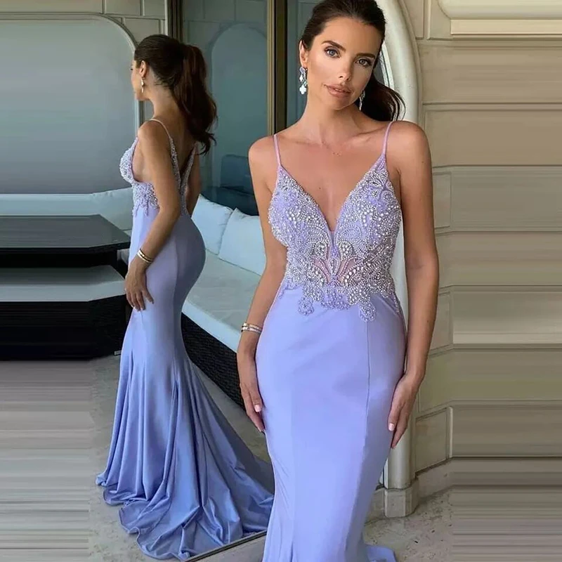 

Smileven Sexy Mermaid Evening Dress Spaghetti Strap Party Dresses Beaded Robe De Soirée Party Prom Gowns