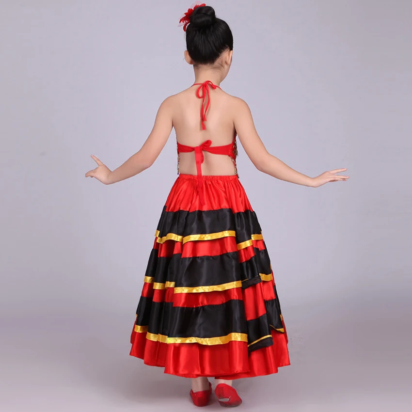 Halloween School Party Dance Costumes Kids Girls Flamenco Skirt Red Black Spanish Traditional Performance Sequin Vest