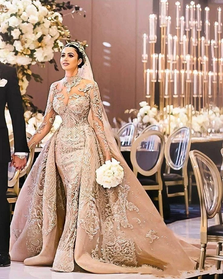 

Customized Arabic Dubai Long Sleeve Wedding Dress Gorgeous High Neck Mermaid Lace Appliques Detachable Train Bridal Gown