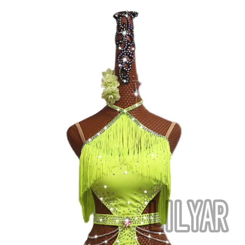 New Latin Dance Performance Dress Adult Custom Fluorescent Green Tassels Open Waist Sexy Design Dance Dress