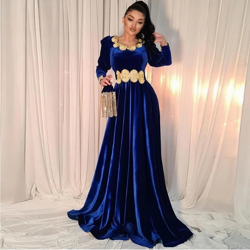 Oriente médio árabe dubai vestidos de baile uma linha 2021 mangas compridas veludo ouro apliques kosovo albanês caftan noite vestidos festa