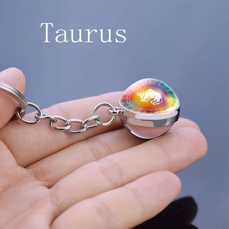 Creative 12 Zodiac Sign Keychain Ball Crystal Rainbow Colors Key Rings Gemini Pisces Constellation Birthday Gift For Women Girls