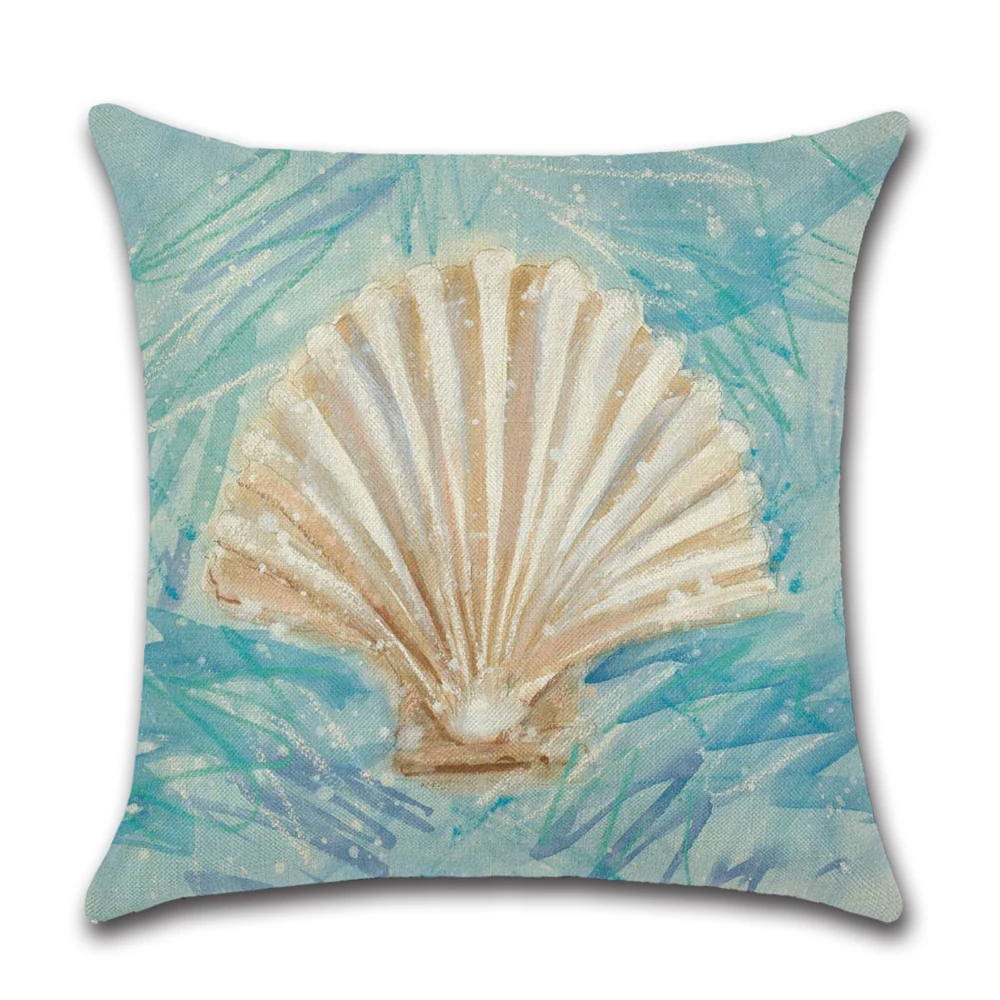 Cartoon hand drawn shell coral starfish Printed Cushion Cover Cotton Linen Ocean Printed Home Decor Pillowcase Sofa Cushion Case