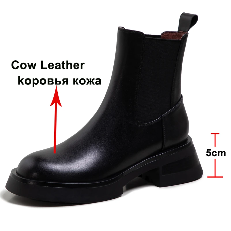 Meotina Women Shoes Genuine Leather Chelsea Boots Round Toe Ankle Boots Thick Med Heel Ladies Footwear Autumn Winter 39 Fashion