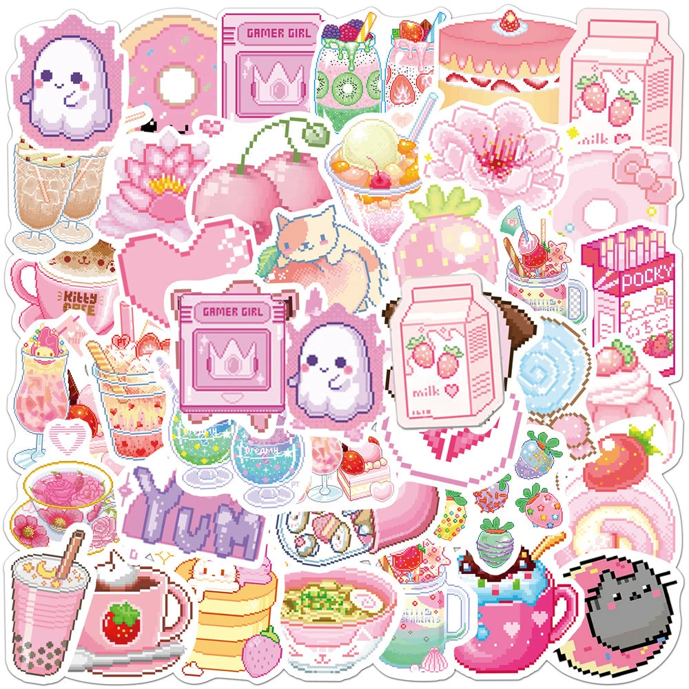 10/30/50PCS INS Style Cute Pink Pixel Cartoon Stickers DIY Bike Travel Luggage Laptop Graffiti Waterproof Sticker Kid Toy Decal