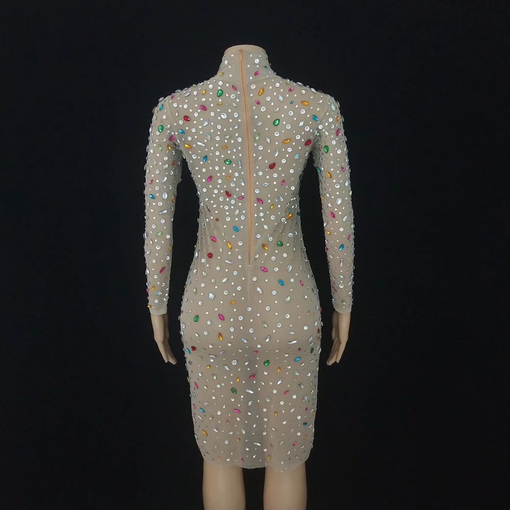 Sukienka siateczkowa długa seksowna transparentna błyszcząca wielokolorowa z dżetami rękaw elastyczny modna na studniówkę wieczorowa kryształowa na przyjęcie urodzinowe