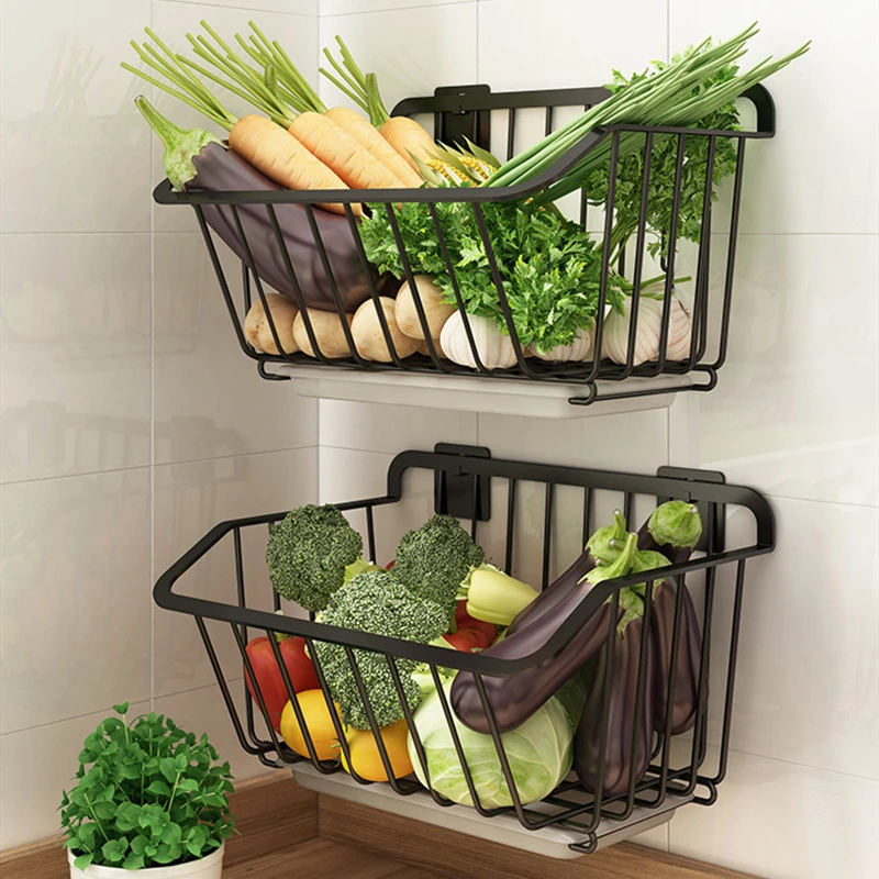 Stainless Steel Kitchen Wall Hanging Storage Basket,Black Spice Rack,Fruit Vegetables Drainer Organizer,Dish Tools,Drying Shelf