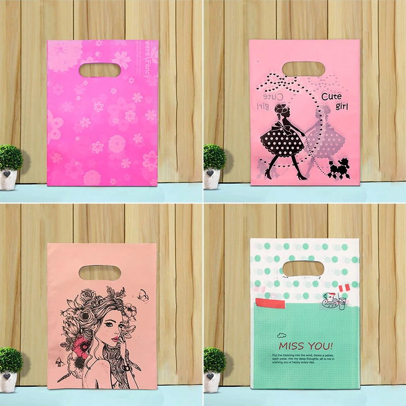 50Pcs 15x20cm/20x30cm Small Jewelry Bag Cute Pattern Plastic Bag with Handle Gift Bags Candy Cookie Party Favor Packaging Bag