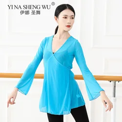 New Chinese Folk Classical Dance Practice Clothes For Performances Flowing Body Rhyme Gauze Long Sleeve Tops Sexy Mesh Shirt 3XL