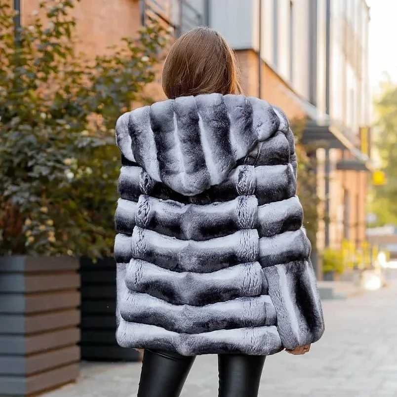 Women Natural Rex Rabbit Fur Jacket Thick Warm Fur Overcoat Woman Winter Outwear Full Pelt Rex Rabbit Fur Coats Medium Length
