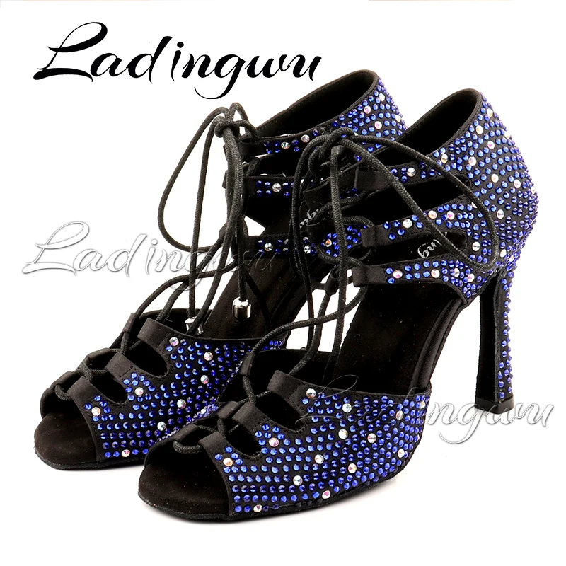 Ladingwu zapatos de baile latino de salón de Salsa europea para mujer, sandalias de baile de verano con diamantes de imitación azules, tacones