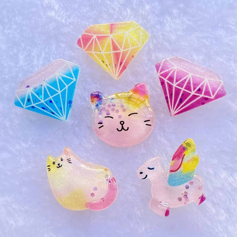 반짝이는 고양이 유니콘 플랫백 카보숑 스크랩북, 수지 믹스, 카와이 DIY 장식 액세서리, C75, 10 개