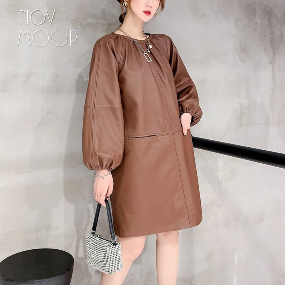 Novmoop genuine leather women dress A line shape knee length lantern sleeve sweet elegant style Vestido de cuero LT3395