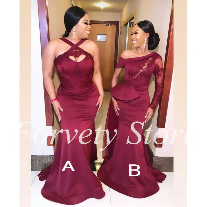 Burgundy Mermaid Bridesmaid Dresses Lace Appliques Long Wedding Party Dress African Prom Formal Gown Свадебное платье فساتين الس