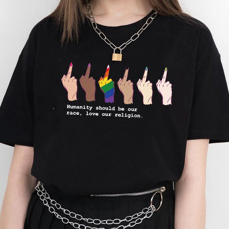 

PUDO-JF Humanity Should Be Our Race Love Our Religion Against Racial Discrimination LGBT Middle Finger T Shirts