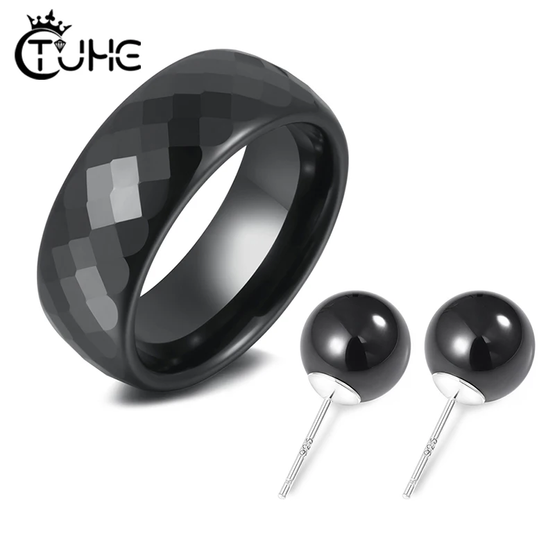 925 Sterling Silver Ceramic Jewelry Set For Women Stud Earrings Smooth 8MM Cut Ceramic Ring White Black Romantic Fashion Jewelry