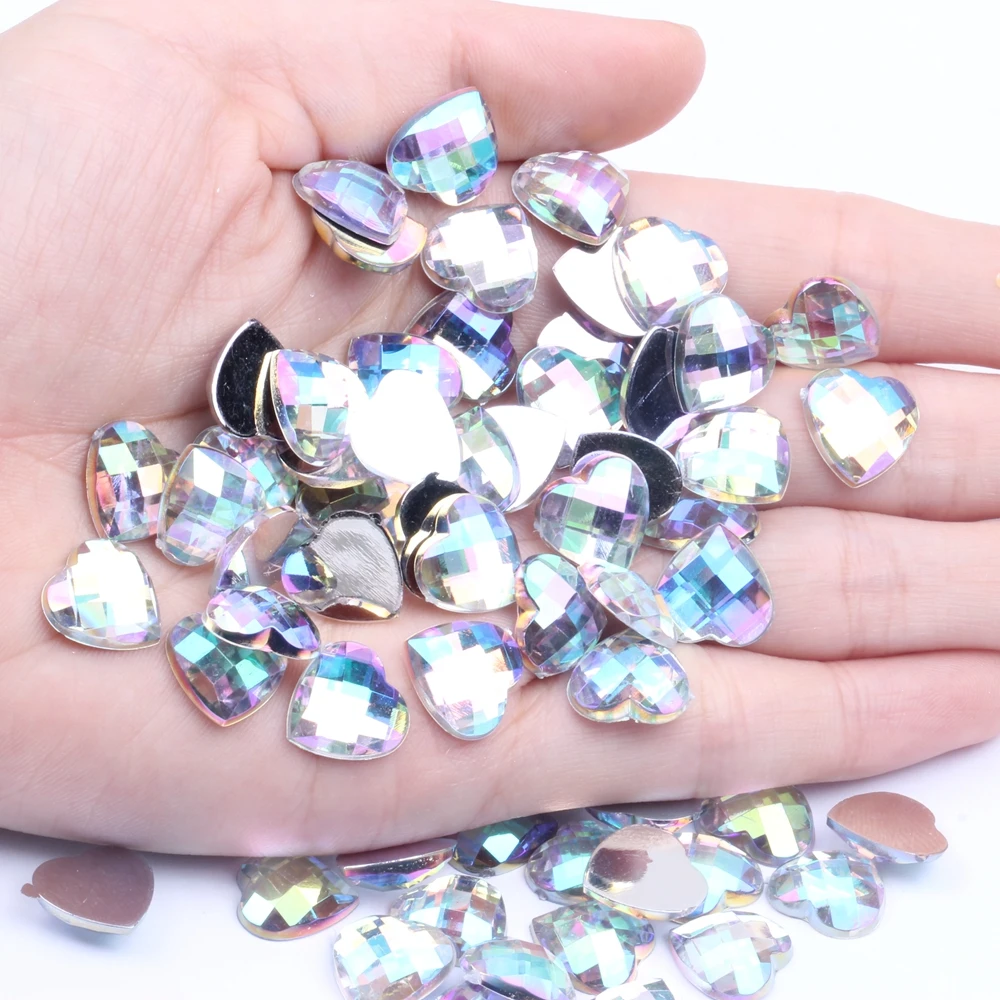 Acrylic Rhinestone 8mm 10mm 12mm Heart-Shape Flatback Earth Faceted Many Colors Choose Strass High Shine Nail Art Decorations