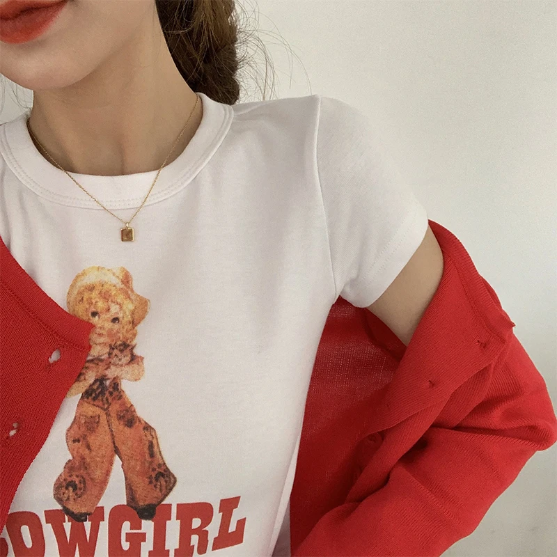 Spring Long Sleeve Red Knitted Women Cardigan Cow Girl Letter Print T Shirt Slim Crop Tops Shirts and Cardigans Suit 2 Piece Set