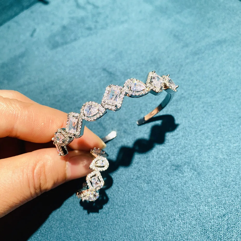 HIBRIDE الفاخرة 2 قطعة سوار وخاتم مجموعة تصميم هندسي مايكرو تمهيد مكعب زركونيا مجموعات مجوهرات للنساء الزفاف الزفاف N-56 #5