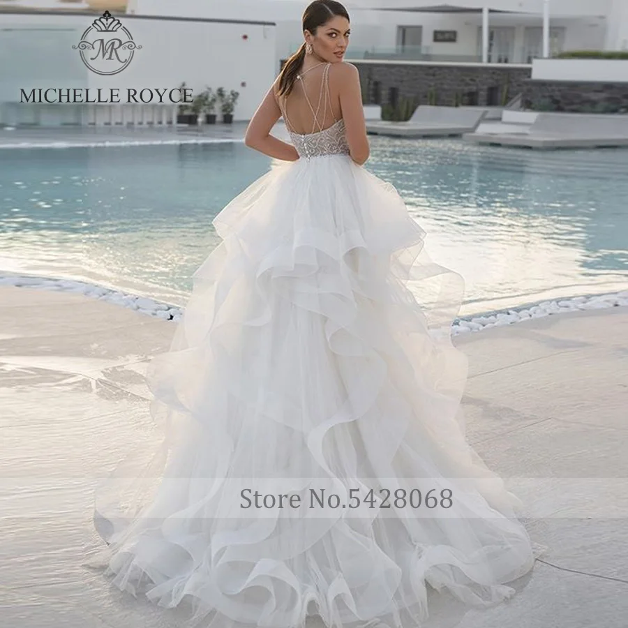 

Michelle Royce A-Line V-neck Wedding Dresses For Women Fairy Spaghetti Strap Beading Chapel Train Wedding Gown Vestido De Novia