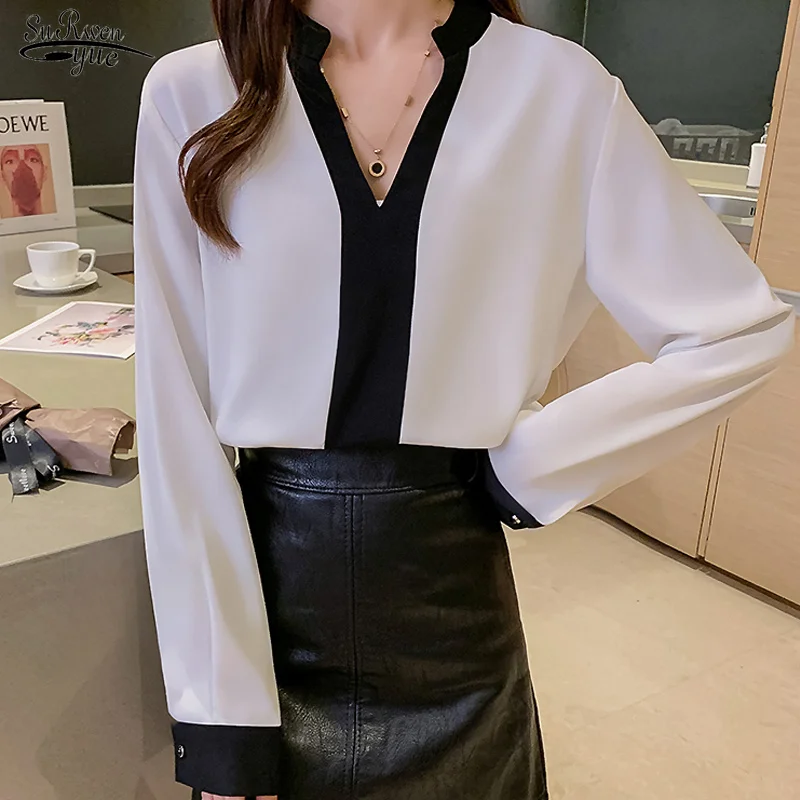 

2023 Autumn White Long-sleeved Chiffon Blouse Simple Silky Elegant Shirt Lady V-neck Pullover Contrast Blouse Women Blusa 15786