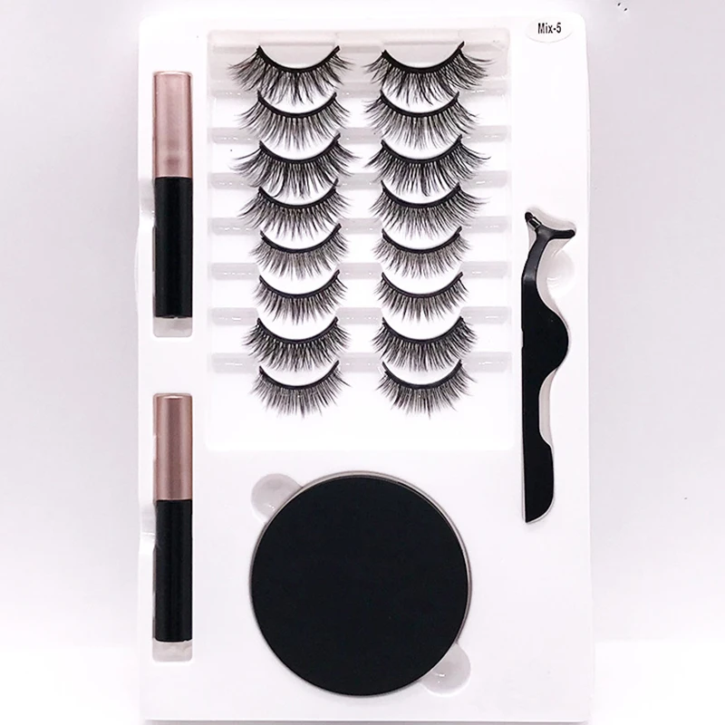 Magnetische eisen stein falsche wimpern, flüssigkeit eyeliner set mit runde box und pinzette freies von kleber