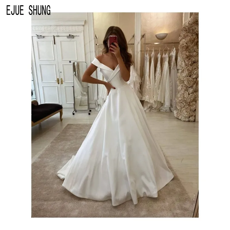 EJUE SHUNG – robe de mariée blanche Simple, col en V, fermeture éclair au dos, coupe trapèze, à la mode