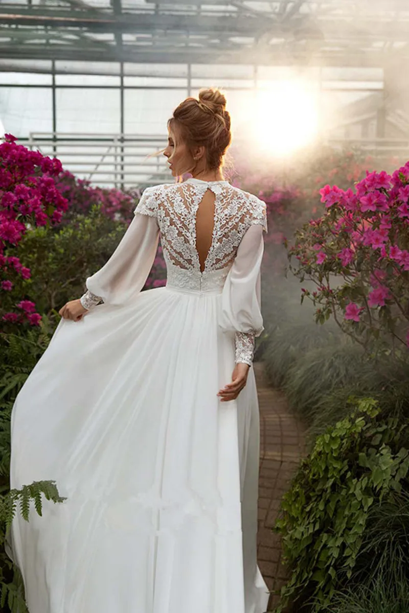 Boho szyfonowe suknie ślubne elegancka, długa bufiasta rękawy koronkowe czeskie suknie ślubne styl ludowy Vintage-line Vestido de Noiva