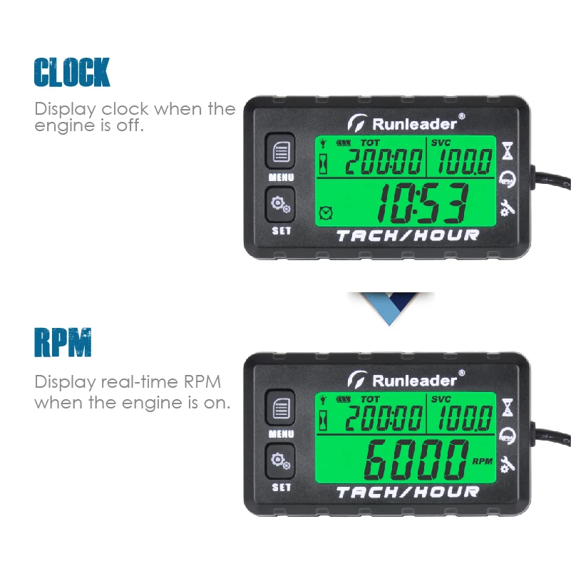 MAX RPM TOT Engine Tachometer Maintenance Reminder Digital Tacho Hour Meters Multi-Color Backlit Display for Boat Lawn Mower Gen