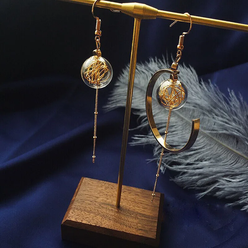 Unique Copper Wire Glass Ball Asymmetric Dangle Earrings For Women Original
