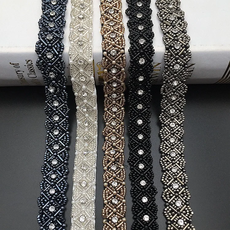 1Yard Diamond Champagne Beaded Handmade Lace Edge Trims Wedding Dress Belt Sash Ribbon Bridal Applique Fabric DIY Sewing Craft