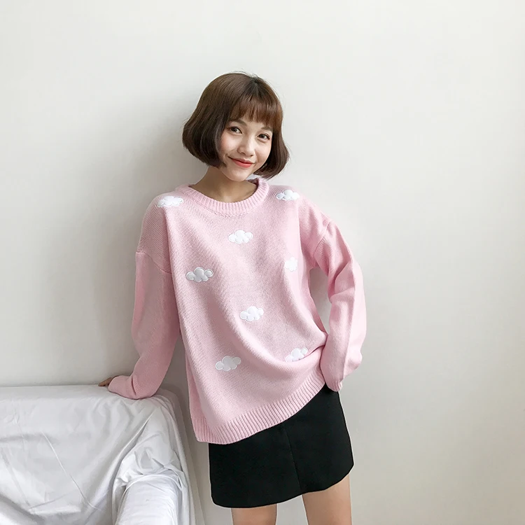 Women'S Kawaii Ulzzang Vintage College Loose Clouds Sweater Female Korean Punk Thick Cute Loose Harajuku Clothing For Women